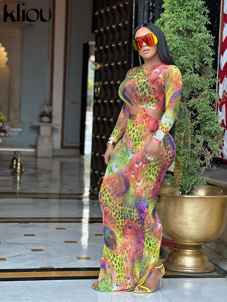 Casual Dresses Kliou Colorful Print Maxi Dress Women Shiny Stunning Hollow Out Full Sleeve O-neck Robe Female Elegant Street Style Lady Bodycon 230413