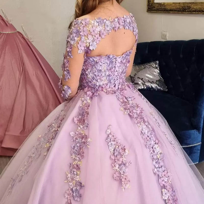 Quinceanera Dresses Princess Light Purple Long Sleeve Flowers Beading V-Neck Ball Gown with Tulle Plus Size Sweet 16 Debutante Party Birthday Vestidos
