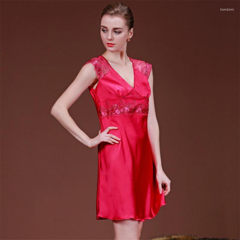 Women's Sleepwear 2023 Summer Style Arrival Women Casual Silk-like Nightgown Noble Lace Night Dress IT289, Pink