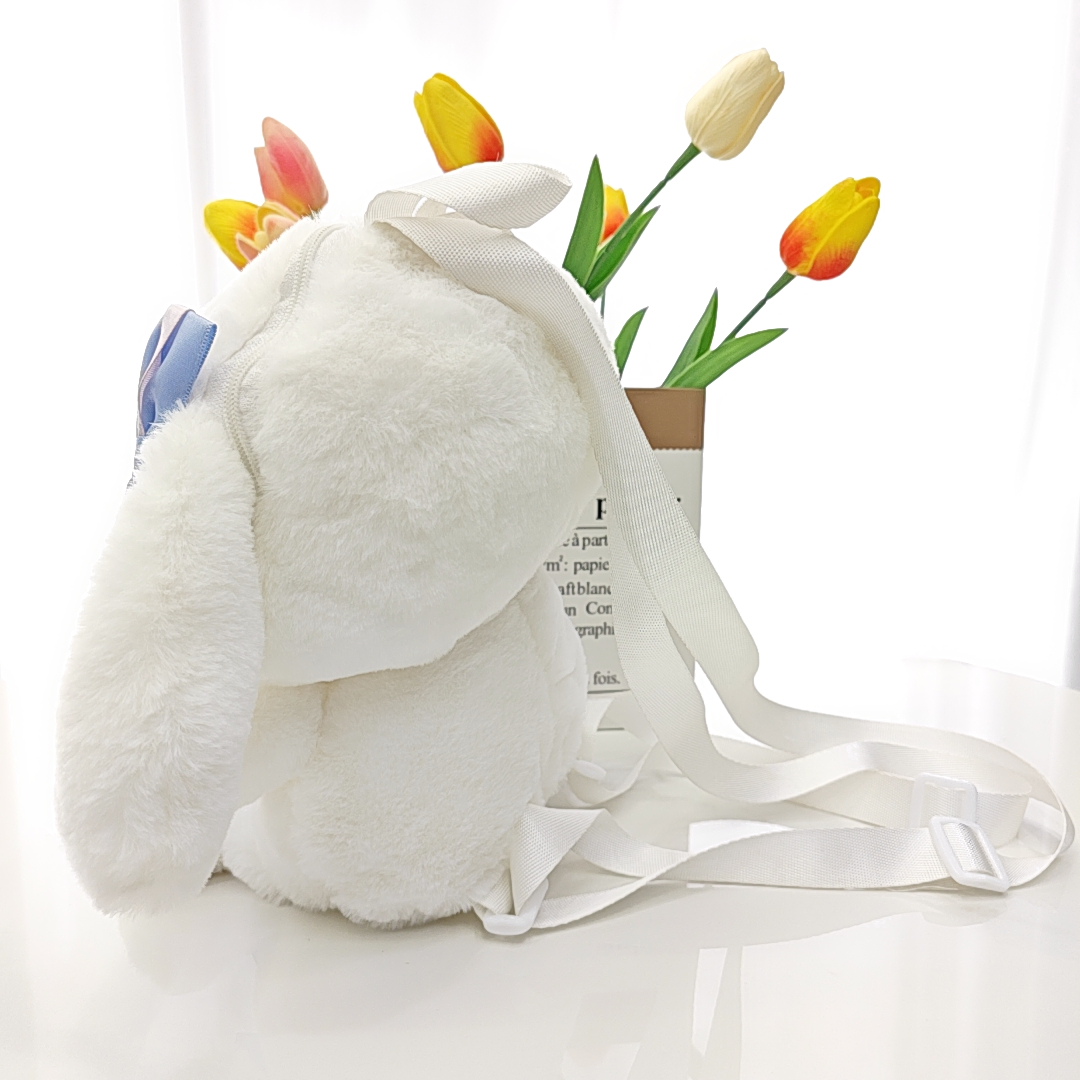 Fashion Cute Blue White Big Ear Plush Backpack with Bow Girl Cute Soft Accessories Zipper Bag Girls Birthday Gift