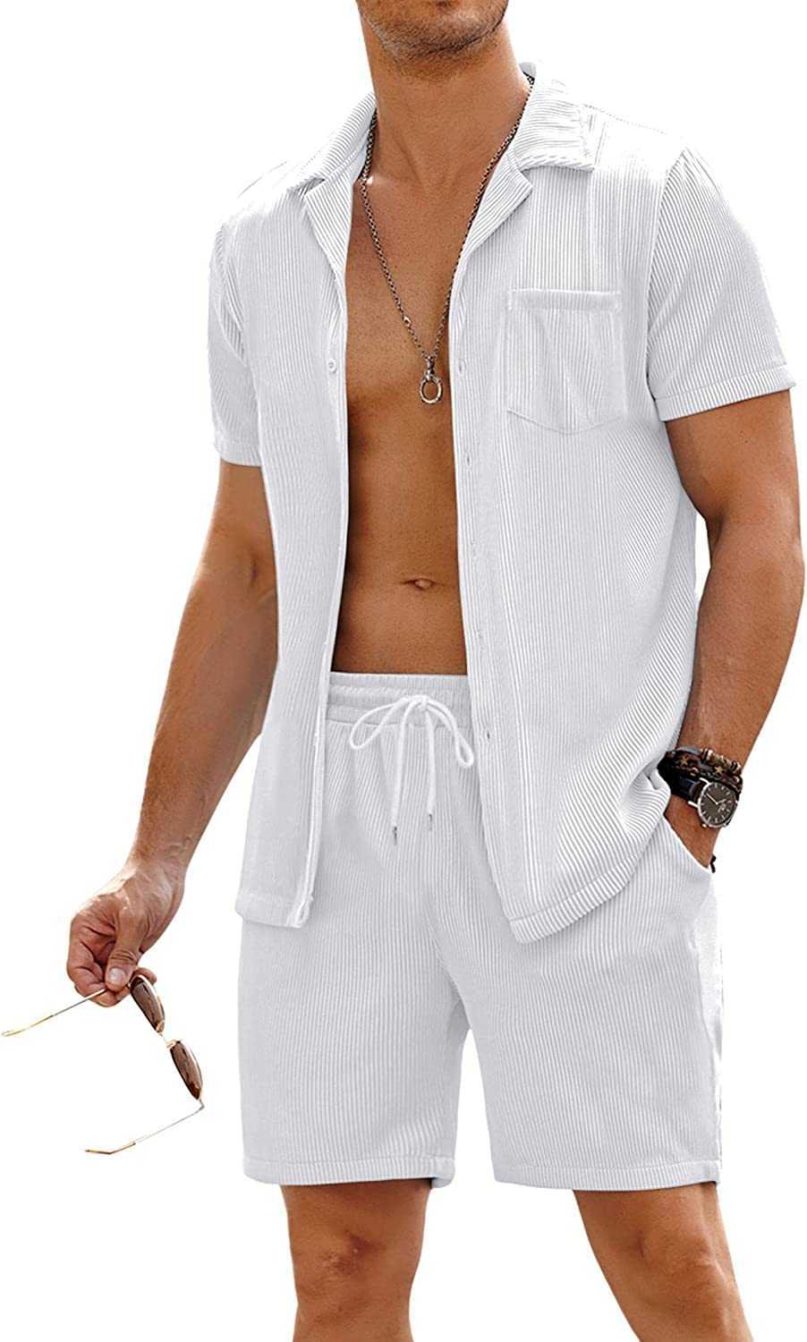 Men's 2 Pieces Shirt Sets Short Sleeve Casual Button Down Hippie T-Shirts Shorts Sets Summer Fashion Beach Outfits