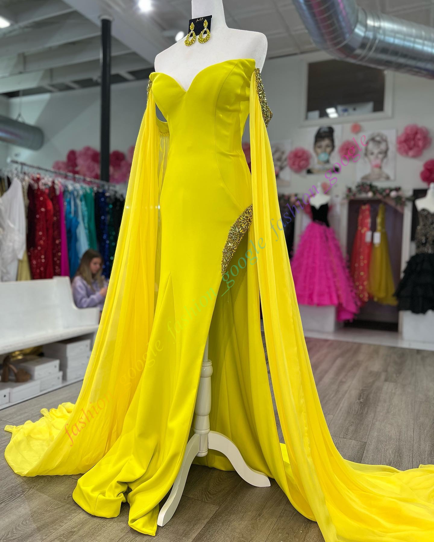 Yellow Prom Dress 2k24 Long Chiffon Cape Crepe Fitted Lady Pageant Winter Formal Evening Cocktail Party Hoco Gala Gown Mother of Bride Wedding Guest B