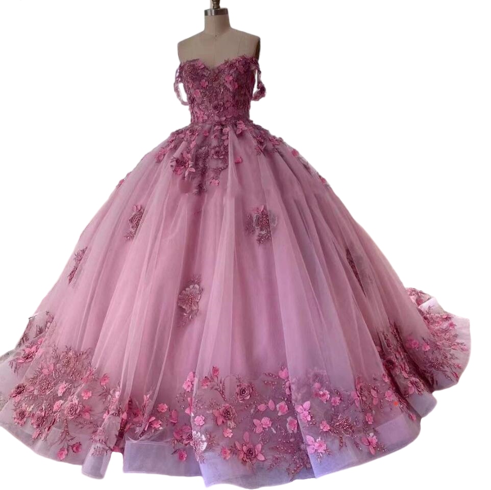 Hot Pink Quinceanera Dresses 3D Floral Appliques Beading Modern Off Shoulder Lace-up Corset Princess Prom Vestidos De 15 Anos