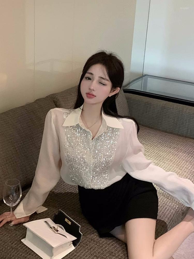 Women' Blouses Patchwork Sequins Shirts For Women Lapel Long Sleeve Casual Loose Summer Blouse Female Fashion Style Clothing, Creamy-white
Women' Blouses Patchwork Sequins Shirts For Women Lapel Long Sleeve Casual Loose Summer Blouse Female Fashion Style Clothing, Creamy-white
