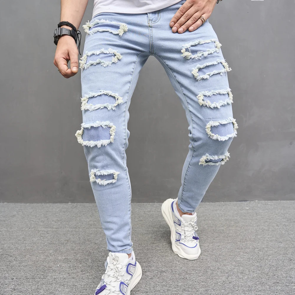 Men s Jeans Men Streetwear Stylish Ripped Patch Slim Pencil Trousers Male Casual Stretch Denim Pants 231113