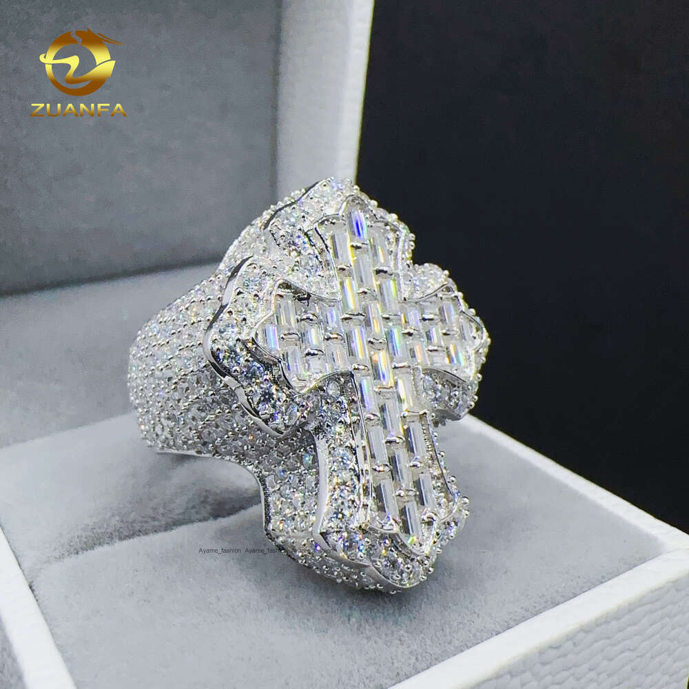 ZUANFA Jewelry hip hop sterg sier Cross Ring baguette VVS Moissanite men dia ring