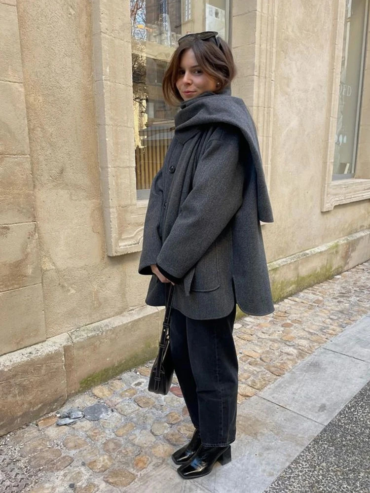 Women's Wool Blends Casual Autumn Jacket Women Scarf Collar Single Breasted Long Sleeve Elegant Lady Coats Winter Fashion Pocket Wool Coat Tops 2