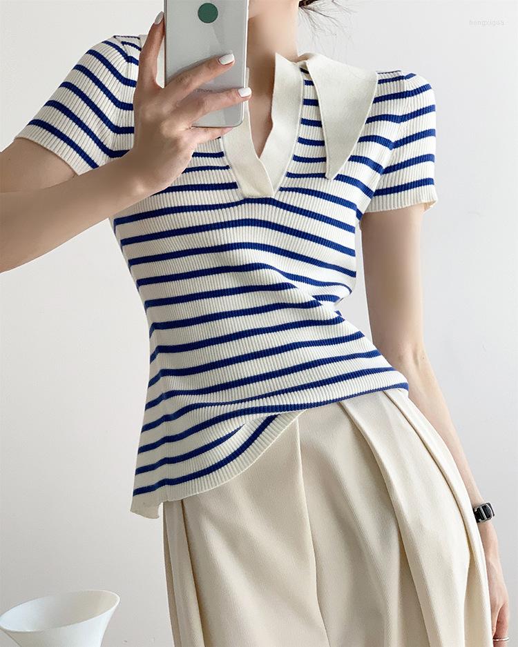 Women' T Shirts Summer Knitted POLO Collar Women' Short-Sleeved Sea Breeze Blue Temperament Striped Backless Deep V-Neck Sexy Tee Top
Women' T Shirts Summer Knitted POLO Collar Women' Short-Sleeved Sea Breeze Blue Temperament Striped Backless Deep V-Neck Sexy Tee Top