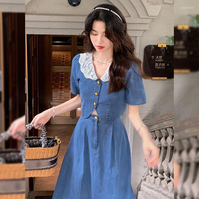 Work Dresses 2023 French Vintage Lace Blue Dress Set Summer Sweet Sensual A-line Skirt Doll Collar Tops Women Y2K Korean Fashion, Two pieces
Work Dresses 2023 French Vintage Lace Blue Dress Set Summer Sweet Sensual A-line Skirt Doll Collar Tops Women Y2K Korean Fashion, Two pieces