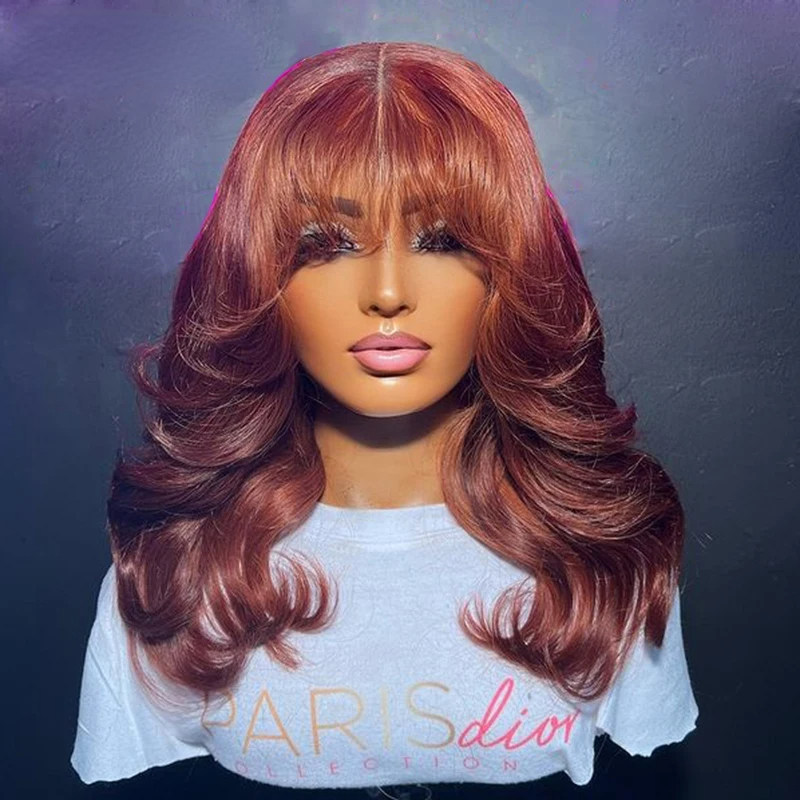 Free shipping Peruvian Reddish Brown Colored Body Wave with Bangs 360 Short Frontal Wig Human Hair for Women Synthetic Lace Closure Wigs