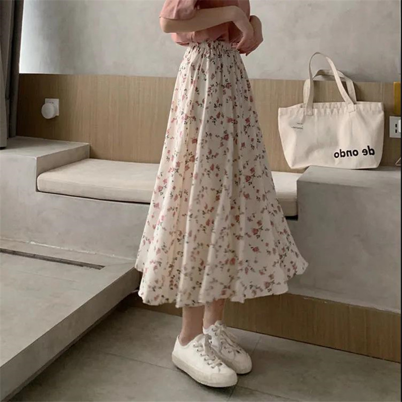 Skirts Vintage A-line Skirts Floral Print Pleated Long Skirts Summer Women Korean Skirt Harajuku Streetwear Elastic Waist MidiSkirt 230414