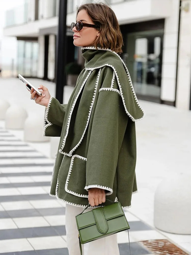 Women's Wool Blends Autumn Elegant Patchwork Coat With Scarf For Women Fashion Lapel Long Sleeve Pocket Coats Winter Lady Outwear Jacket 231114