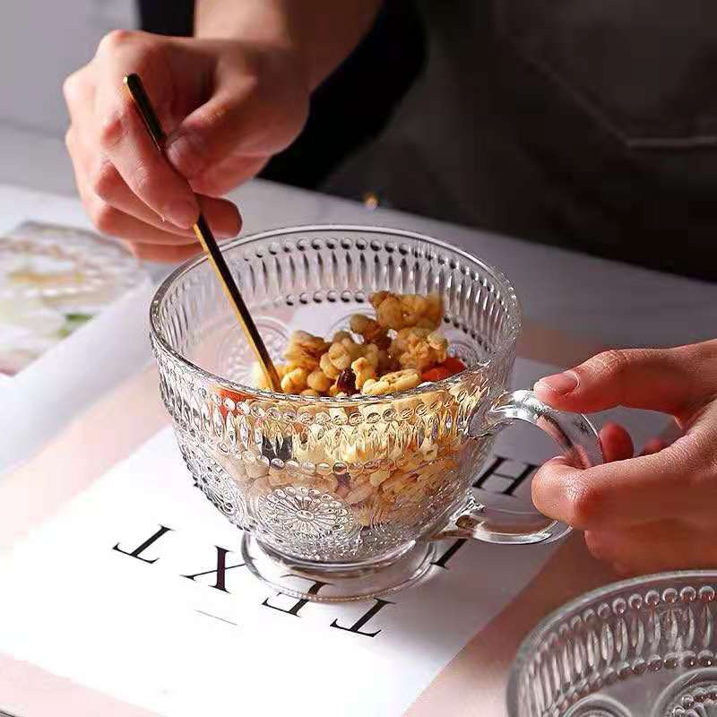 Vintage Embossed Coffee Tea Mug Glass Beer Cups Small Dessert Bowl Dessert Fruit Milk Juice Ice Cream Snacks Salad Cup