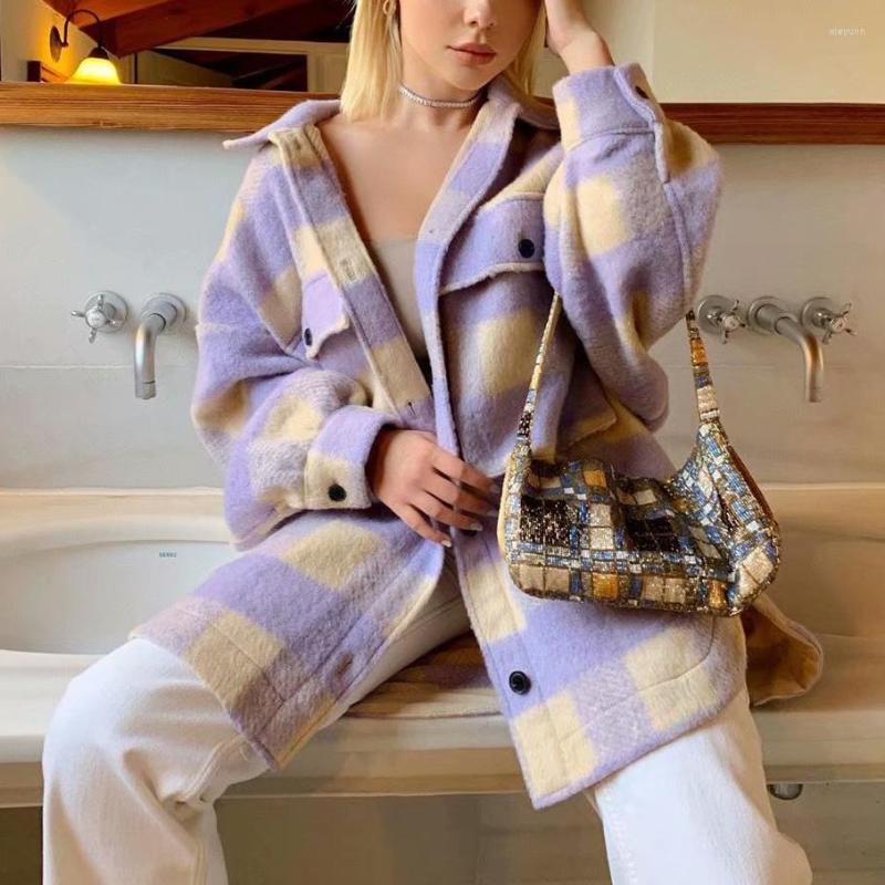 Women' Jackets Women Casual Streetwear Turn-down Collar Purple Plaid Jacket Fashion -L Vintage Girl Single Breasted Loose Long 
Women' Jackets Women Casual Streetwear Turn-down Collar Purple Plaid Jacket Fashion -L Vintage Girl Single Breasted Loose Long