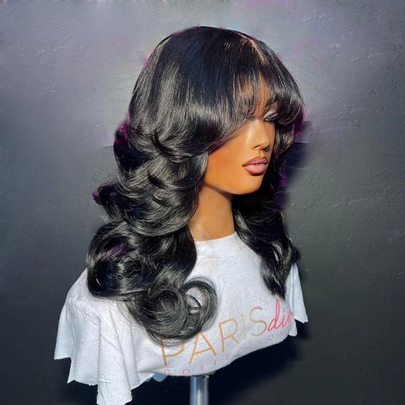 Free shipping Peruvian Reddish Brown Colored Body Wave with Bangs 360 Short Frontal Wig Human Hair for Women Synthetic Lace Closure Wigs
