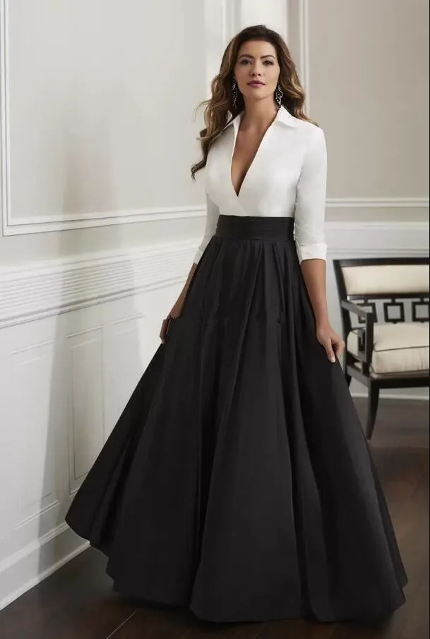 2026 Black And White Mother Of The Bride Dresses A Line Simple Satin Wedding Guest Gowns Floor Length 3/4 Long Sleeves Groom Mom Formal Party Dress