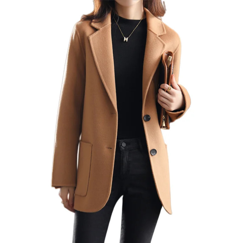 Women's Wool Blends Autumn Winter Woolen Coat Women Suit Jacket Solid Color Single-breasted Pocket Casual Blazers Female Khaki Camel Outerwear 23
