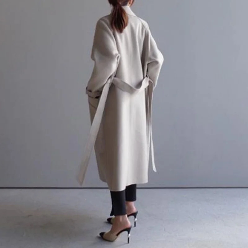 Women's Wool Blends Winter Women's Beige Elegant Wool Blended Solid Color Korean Long Coat Retro Fashion Black Simple Wool Camel Oversized C
