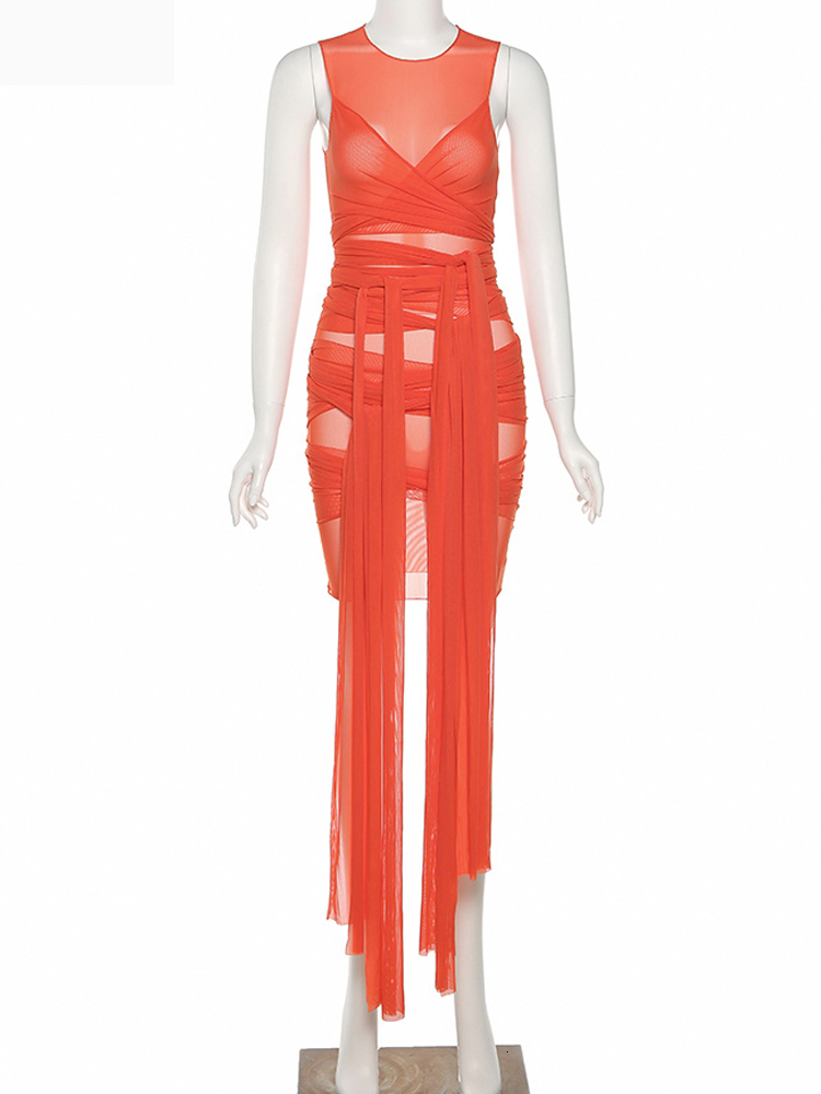 Casual Dresses Weird Puss Multilayer Mesh Women Party Dress Sexy Lace Up Sleeveless Sling Skinny Stretchy Summer Fashion Mini Bodycon Clubwear 230414