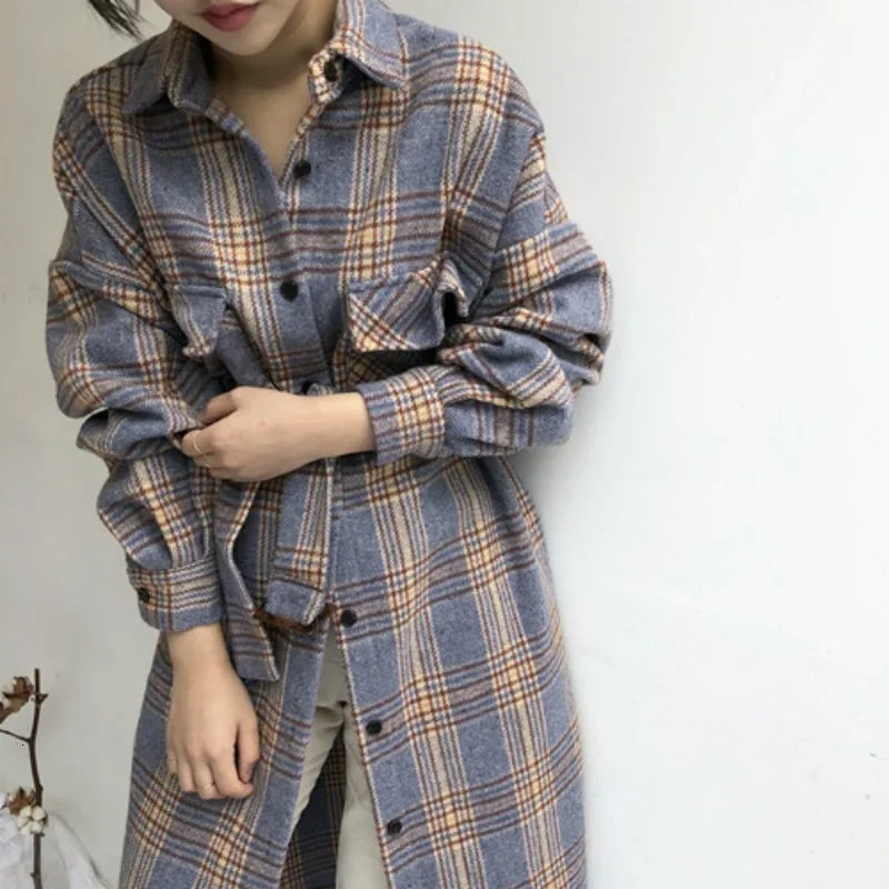 Women's Wool Blends Women's Winter Long Coat Elegant Checked Jacket Oversized Wool Checked Coat Long Sleeve Jacket Retro Autumn Jacket Camel