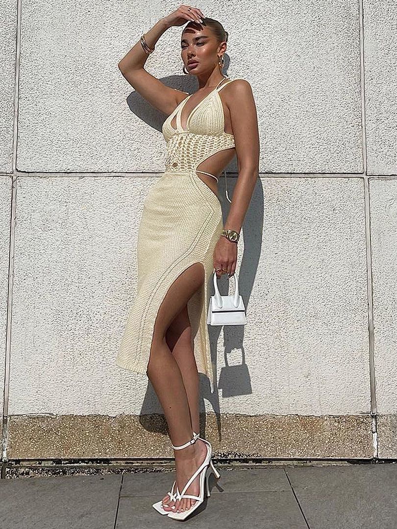 Casual Dresses Cryptographic Knitted Cut Out Halter Sexy Backless Summer Beach Dress for Women Elegant Outfits Bandage Slit Bodycon 230414