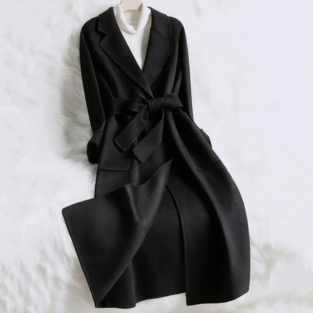 Womens Wool Blends Double Side Faux Cashmere Woolen Coat Lapel Long Sleeve Belt Trench wome Jacket Single Button Outwear Korean 231114