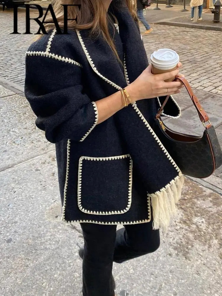 Women's Wool Blends TRAF With Scarf Oversize Women Trench Coat Autumn Winter Warm Thick Long Sleeve Buttons Loose Jacket Female Windbreak 231114