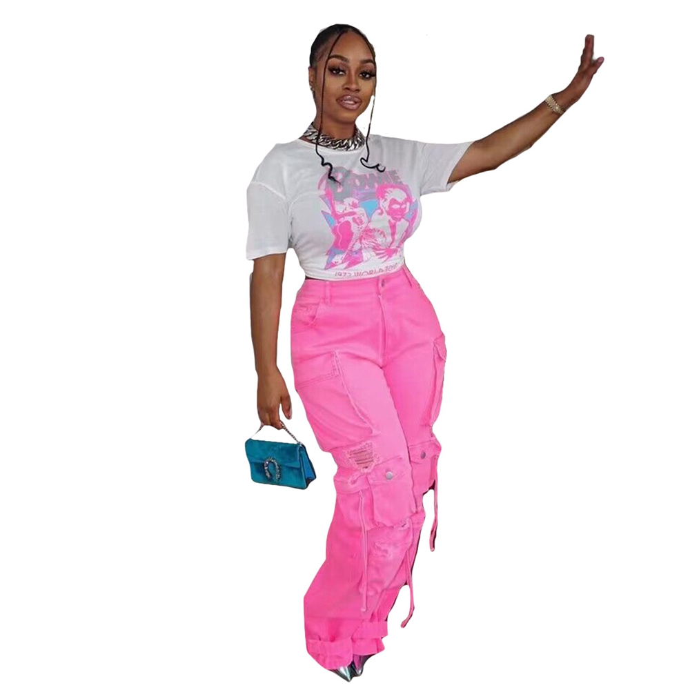 Women's Jeans Cargo Pants Y2K Vintage High Waist Baggy Trousers Multiple Flap Pocket Loose Denim Pants Streetwear