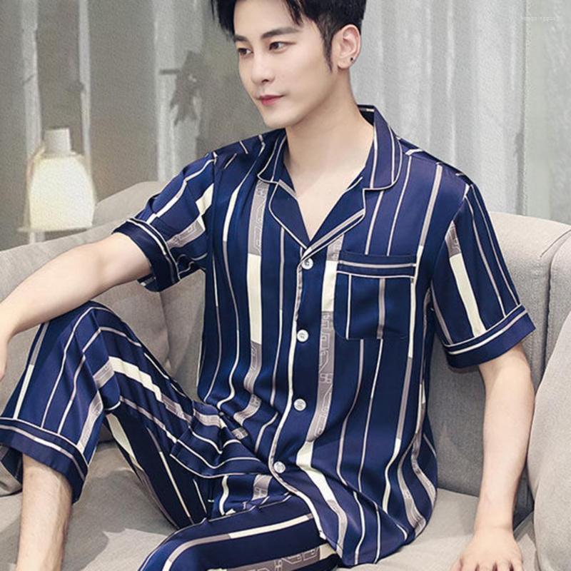 Men's Sleepwear 2 Pcs/Set Men Summer Pajamas Loose Striped Contrast Color Turn-down Collar Homewear Short Sleeves Pocket Nighty Set, Brown
Men's Sleepwear 2 Pcs/Set Men Summer Pajamas Loose Striped Contrast Color Turn-down Collar Homewear Short Sleeves Pocket Nighty Set, Brown