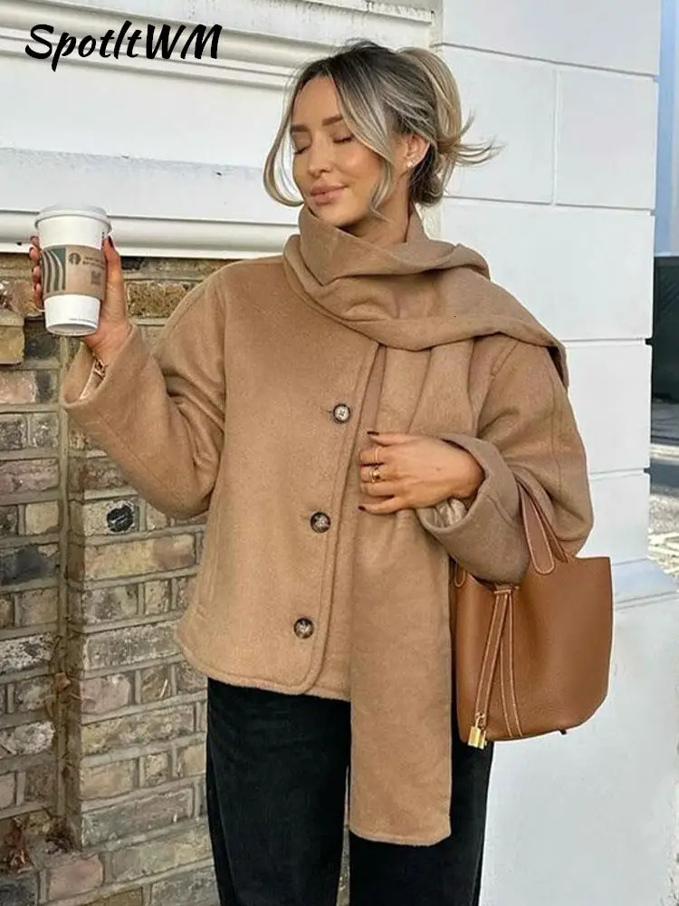 Women's Wool Blends Elegant Woolen Trench Scarf Collar Coat Women Vintage Fashion Windbreakers Jacket Winter Loose Single Breasted Warm Outerwear