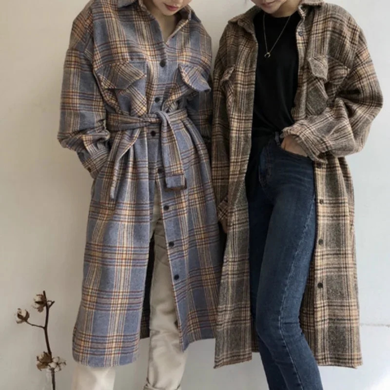 Women's Wool Blends Women's Winter Long Coat Elegant Checked Jacket Oversized Wool Checked Coat Long Sleeve Jacket Retro Autumn Jacket Camel