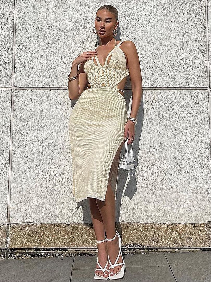 Casual Dresses Cryptographic Knitted Cut Out Halter Sexy Backless Summer Beach Dress for Women Elegant Outfits Bandage Slit Bodycon 230414