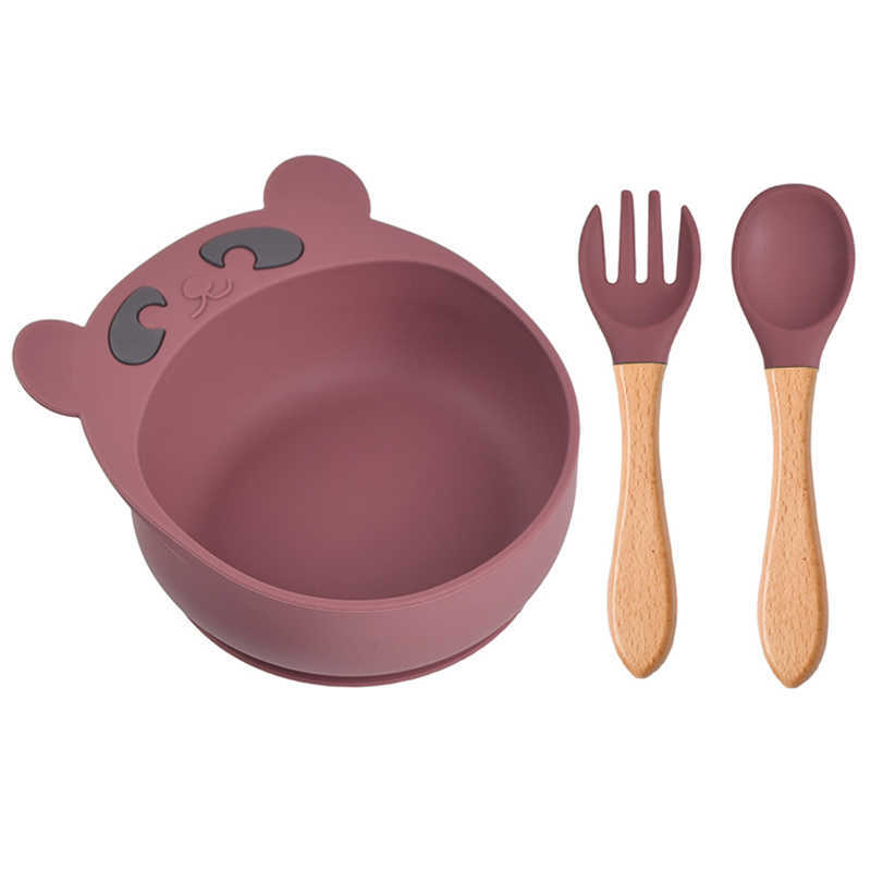 Cups Dishes Utensils Children's Silicone Bowl Spoon And Fork Set Baby Cartoon Bear Suction Cup Anti-drop Complementary Food Bowl Kids Plate Dishe