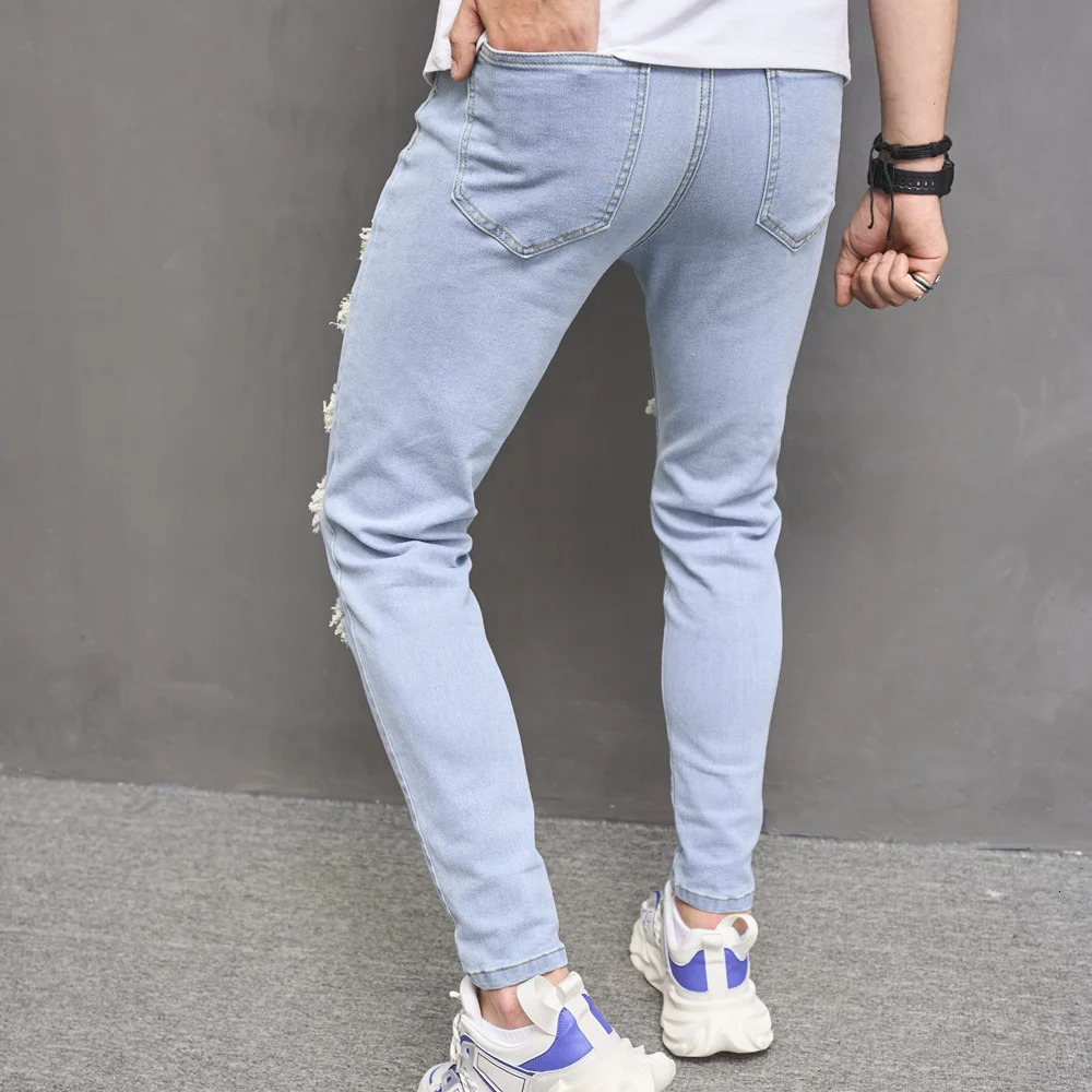 Men s Jeans Men Streetwear Stylish Ripped Patch Slim Pencil Trousers Male Casual Stretch Denim Pants 231113