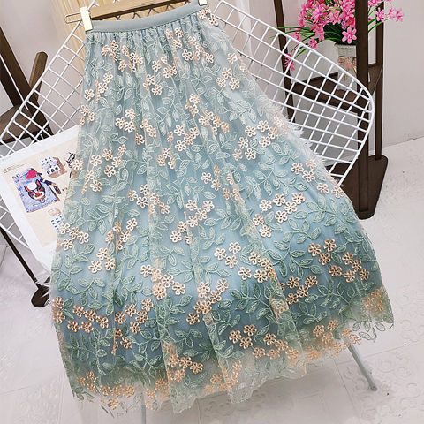 Skirts Vintage Embroidery Tulle Skirt Women Spring Flower Elastic High Waist lace Midi Skirt Korean Style Elegant A-line Mujer Falda 230414