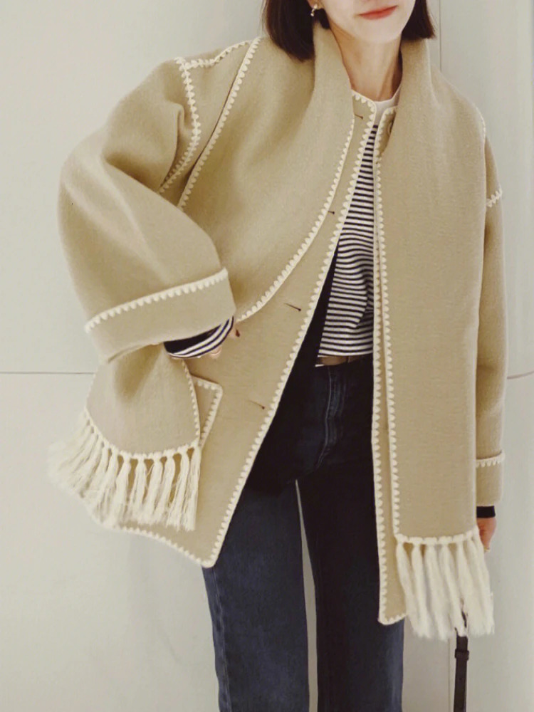 Women's Wool Blends OFTUBY Winter Women Jacket Double-sided Wool Blends Cashmere Real Fur Coat Knitted Tassel Scarf Collar Warm Loose Outerwear 2