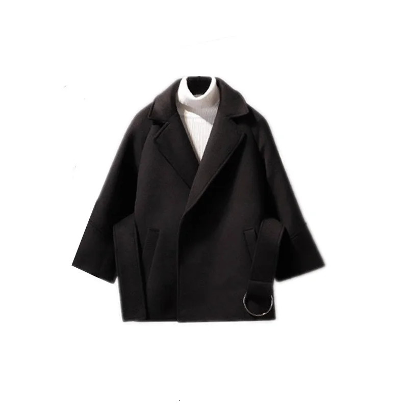 Women's Wool Blends Spring Autumn Winter Women Short Woolen Coat Belt Jacket Female Raglan Sleeves Cloak Jackets Elegant Single Button Black Came