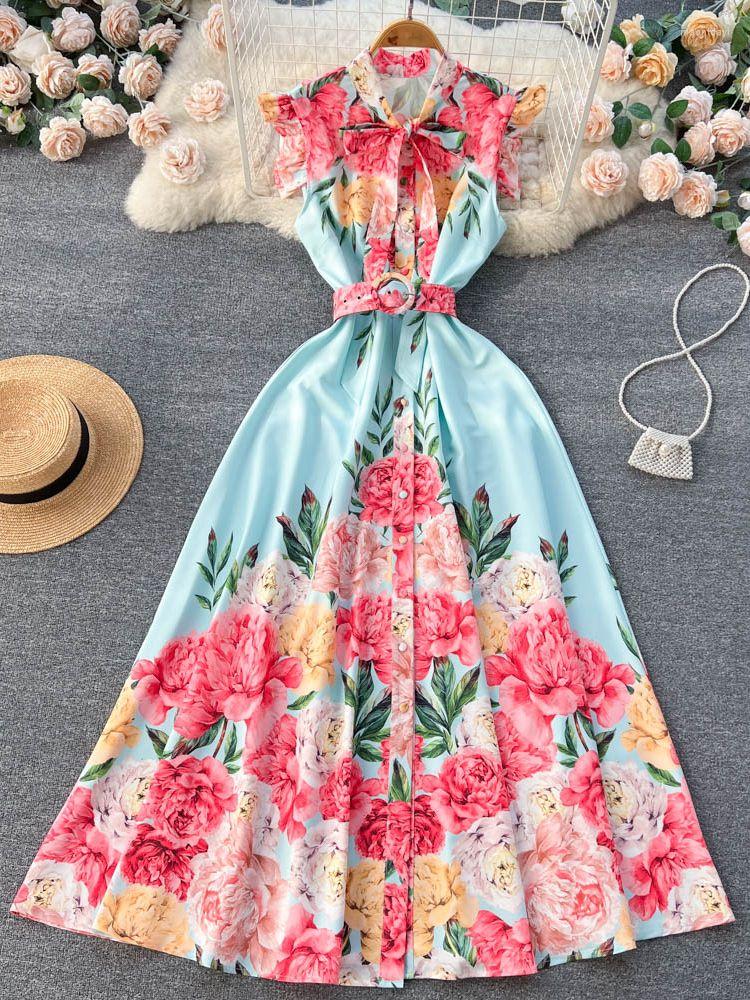 Casual Dresses Runway Summer Holiday Flower Dress Women' Sleeveless Bow Tie Neck Single Breasted Floral Print Belt Boho Maxi Party, Blue
Casual Dresses Runway Summer Holiday Flower Dress Women' Sleeveless Bow Tie Neck Single Breasted Floral Print Belt Boho Maxi Party, Blue
