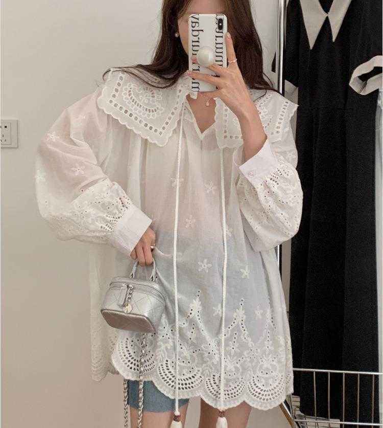 Summer Vintage Embroidered Large Blouses Lapel Hollow Tassel Self Tie Lace Shirt, White2
Summer Vintage Embroidered Large Blouses Lapel Hollow Tassel Self Tie Lace Shirt, White2