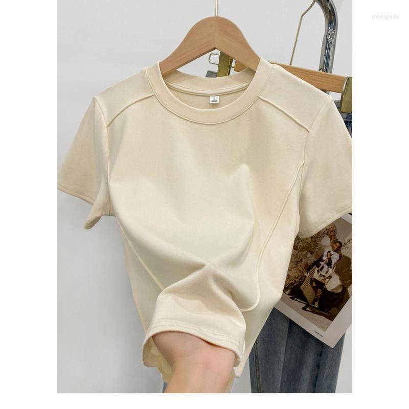 Womens t Shirts Solid Color Round Neck Short Sleeve Slim T-shirt Women 2023 Summer Foreign Air Age Reduction Tops