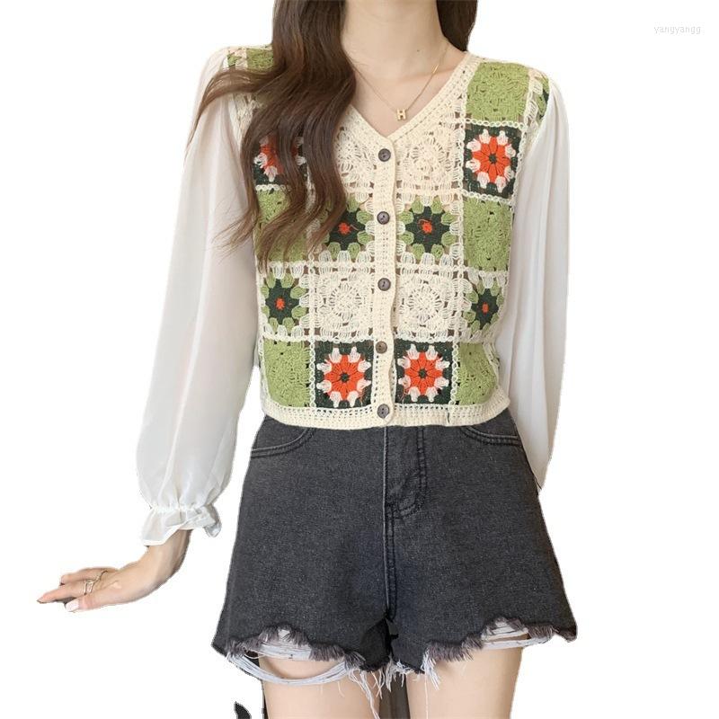 

Women's Blouses Spring Summer Design Sense Niche Hollow Chiffon Spliced Knitted Long-sleeved Short Sweet Women Shirt Top, Green
