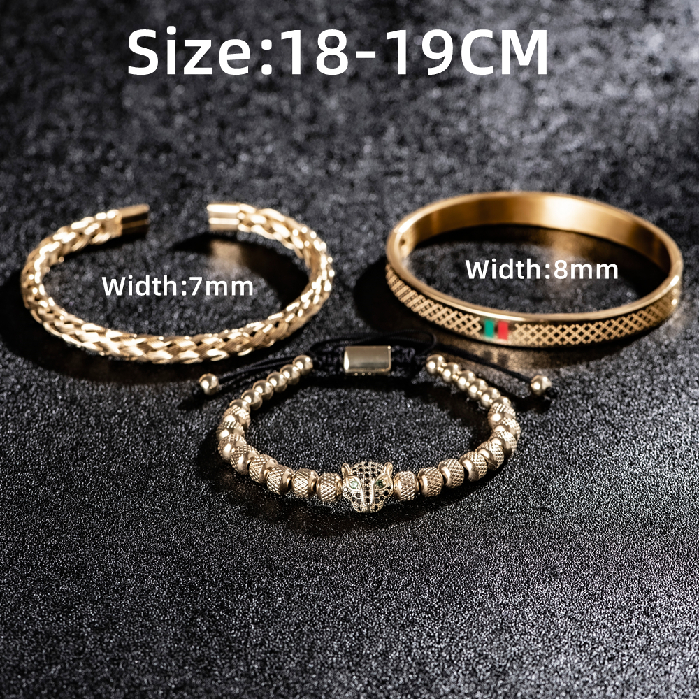 Luxury Handmade Braiding Bracelet Men Pave CZ Leopard Head Enamel Green Red Bracelet Stainless Steel Jewelry