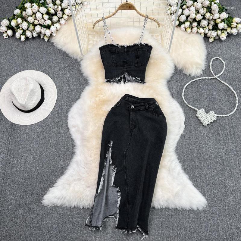 Work Dresses Amolapha Women Denim Chain Suspender Strap Strapless Vest High-waisted Tassel Split Skirt Clothing Sets, Black
Work Dresses Amolapha Women Denim Chain Suspender Strap Strapless Vest High-waisted Tassel Split Skirt Clothing Sets, Black