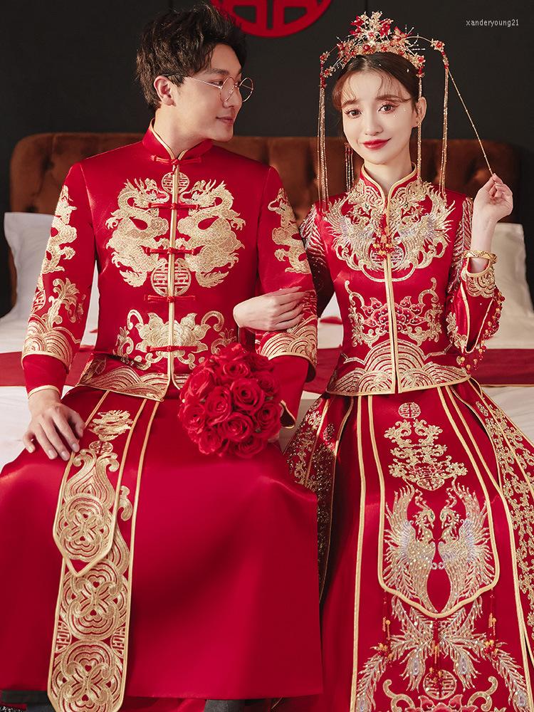 Ethnic Clothing Modern Oriental Cheongsam Couple Red Satin Dragon Phoenix Embroidery Qipao Chinese Traditional Wedding Dress
Ethnic Clothing Modern Oriental Cheongsam Couple Red Satin Dragon Phoenix Embroidery Qipao Chinese Traditional Wedding Dress
