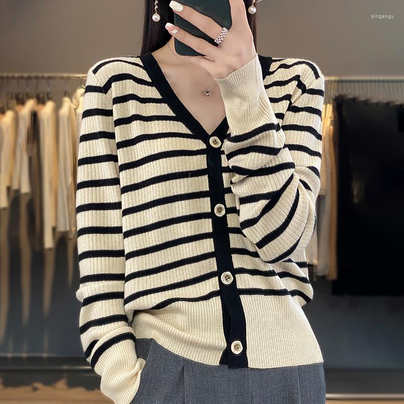 Women's Knits Woolen V-Neck Knitted Cardigan Women's Spring And Autumn Long Sleeve Striped Jacket Korean Fashion Luxury Shirt 2023 Basic, Chocolate color 
Women's Knits Woolen V-Neck Knitted Cardigan Women's Spring And Autumn Long Sleeve Striped Jacket Korean Fashion Luxury Shirt 2023 Basic, Chocolate color