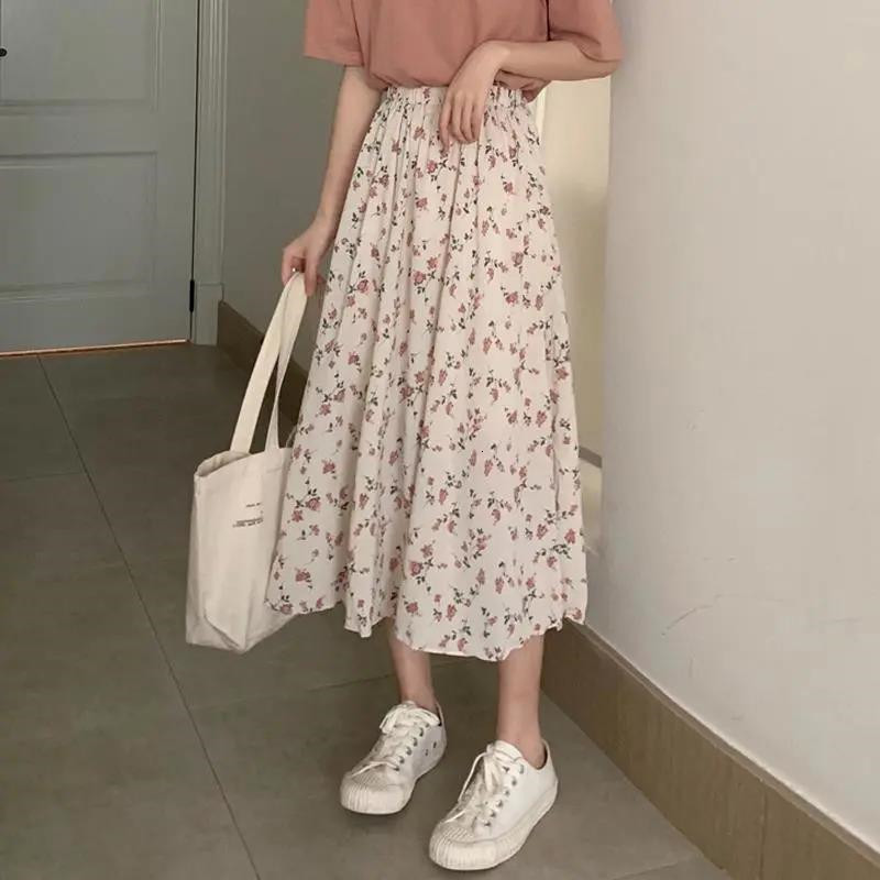 Skirts Vintage A-line Skirts Floral Print Pleated Long Skirts Summer Women Korean Skirt Harajuku Streetwear Elastic Waist MidiSkirt 230414