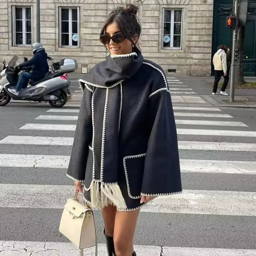 Women's Wool Blends Winter Women Coat Wool Polyester Multi Color Full Sleeves Single Breasted Oversize Casual jacket Scarf Collar Keep Warm tops 