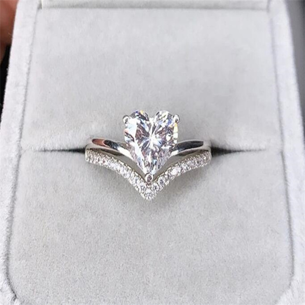 Delicate Silver Color White Zircon Stones Heart Rings for Women Fashion Bridal Engagement Wedding Ring Set Jewelry Gift GC2036