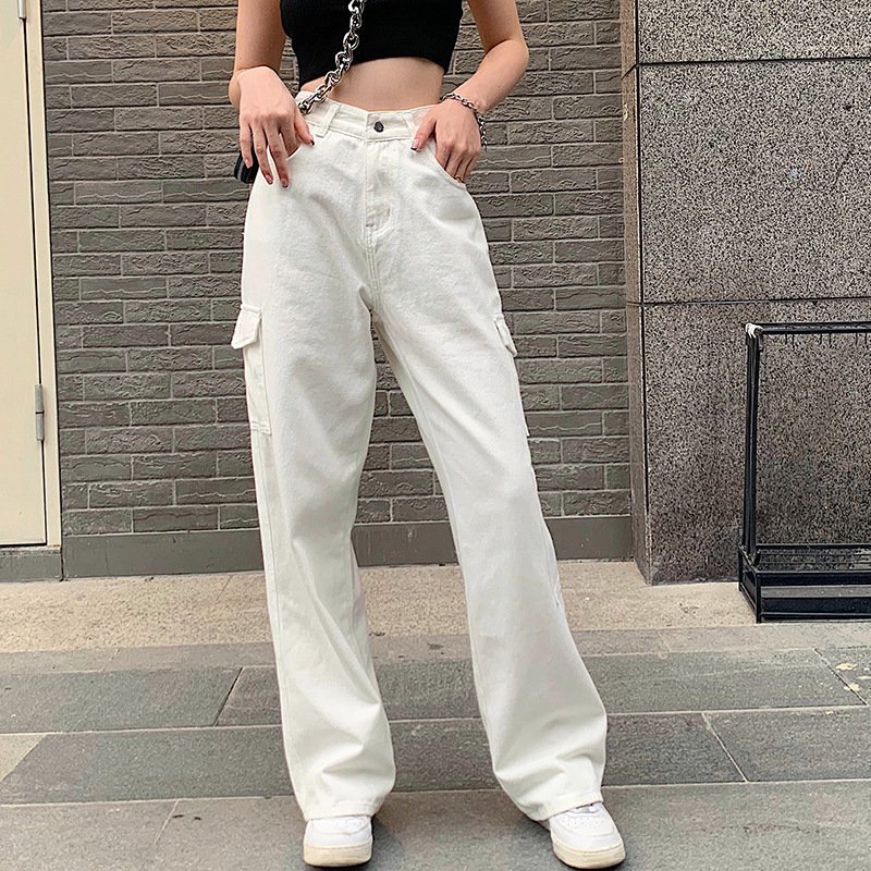 Women's Jeans Vintage Women Fashion White Blue High Waist Casual Jeans Loose Omighty Wide Leg Pocket Cargo Pants Solid Overalls Trouser 230413