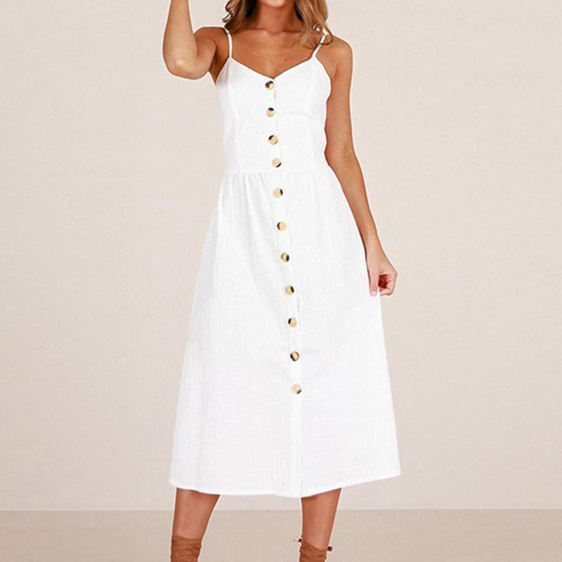 

Casual Dresses Boho Summer Beach Sundress For Women 2023 Sexy Spaghetti Strap V-Neck Button Floral Print Midi Dress Vestidos Robe Femme, White
